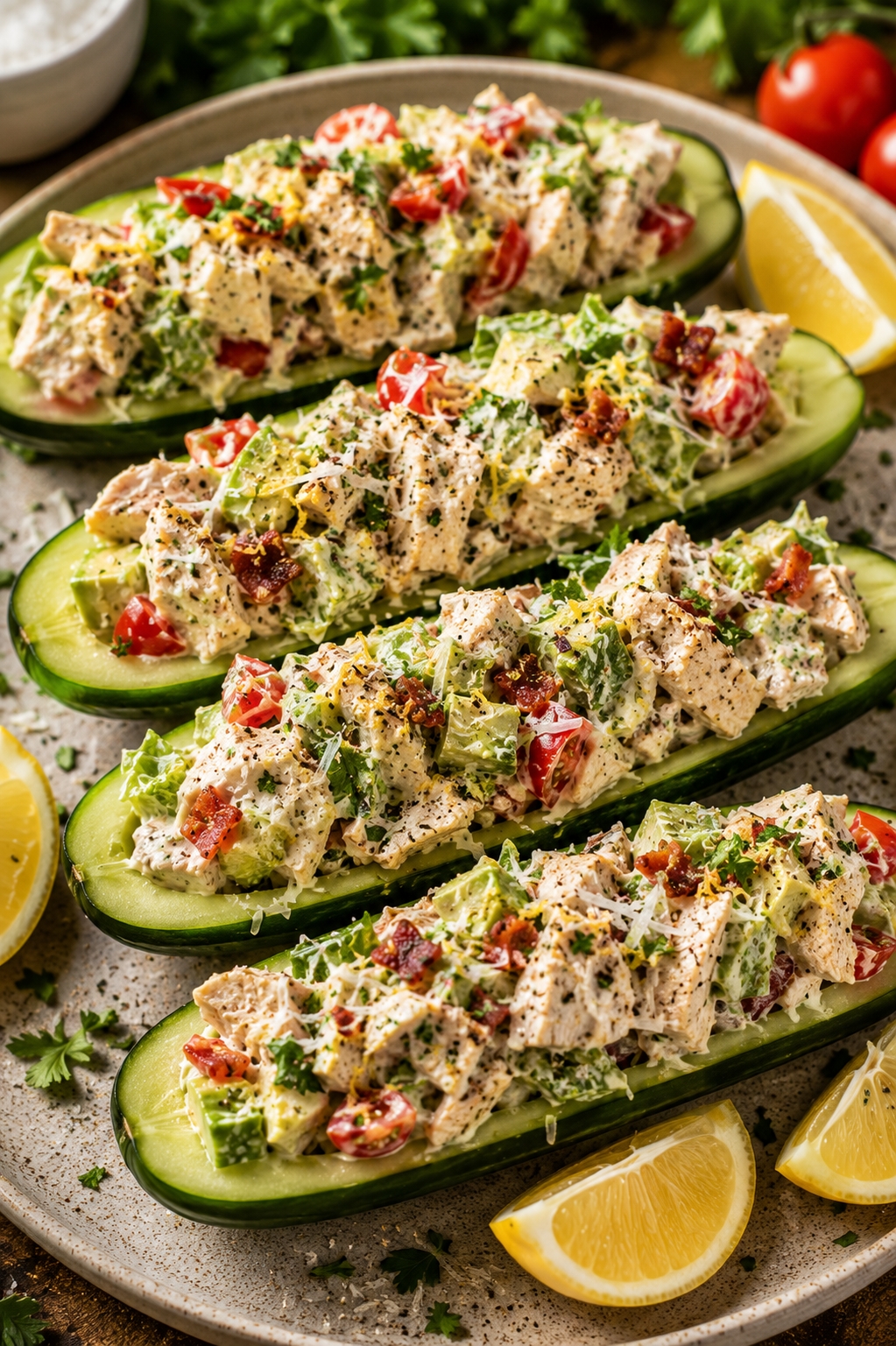 10-Minute Summer Chicken Caesar Cucumber Boats