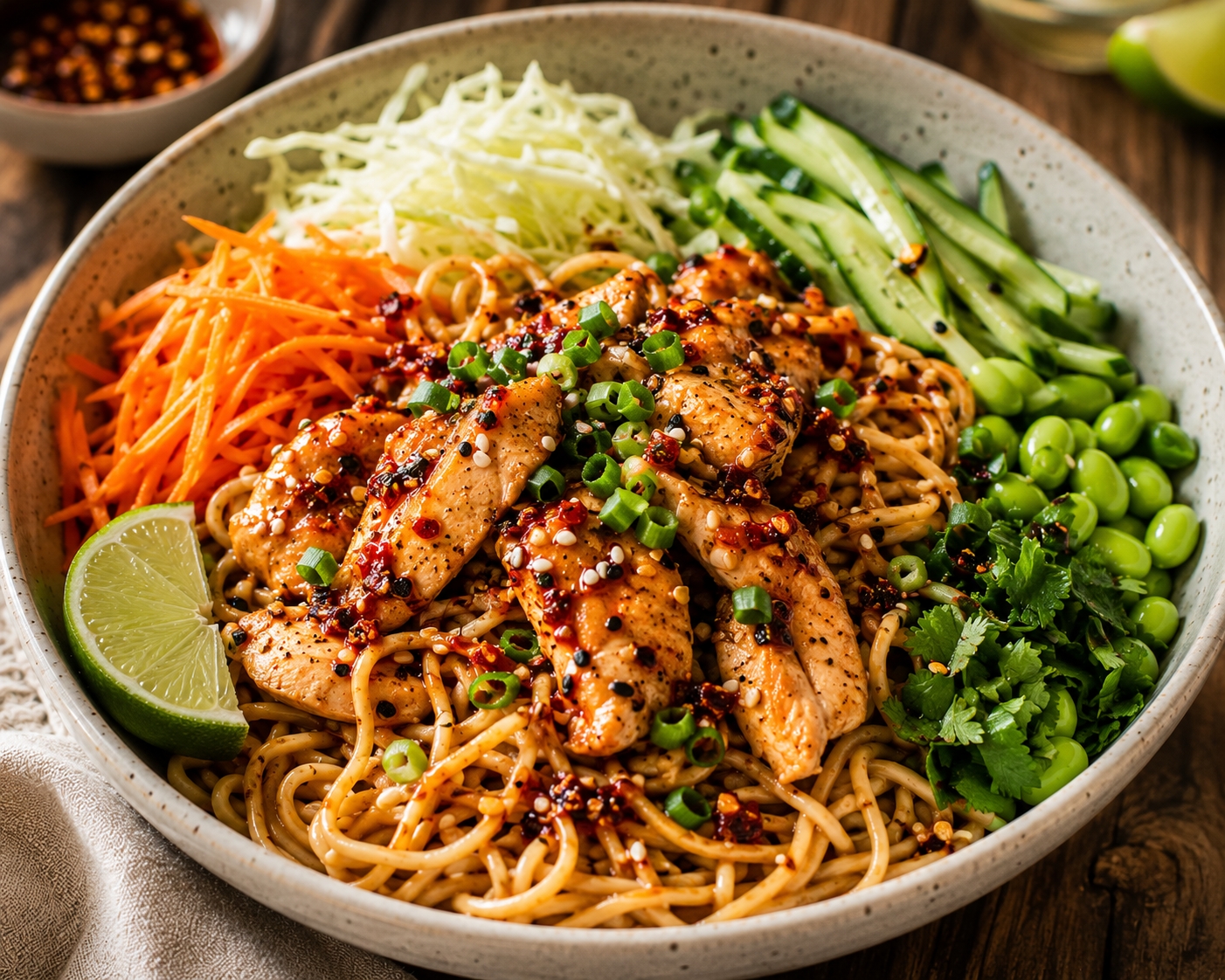 15-Minute Chili Crisp Asian Noodles Chicken Protein Bowl