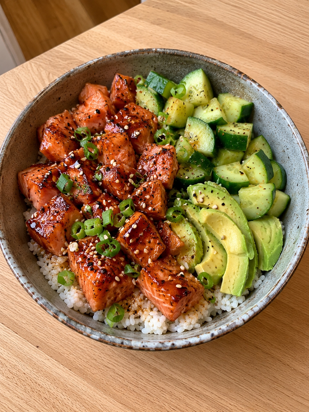 15-Minute Cucumber Salmon Glaze Protein Rice Bowl