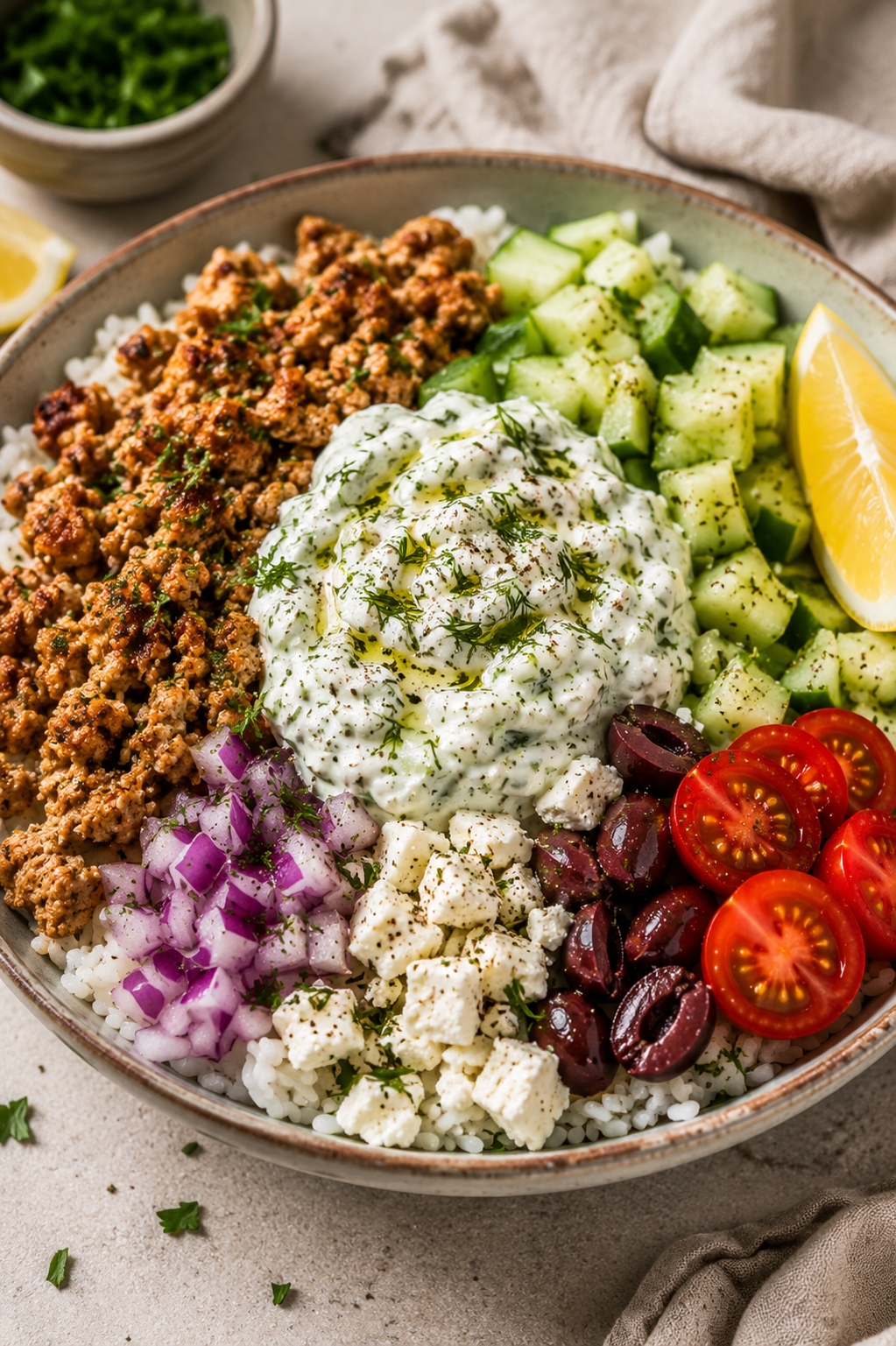 16-Minute Turkey Tzatziki Cucumber Rice Bowl