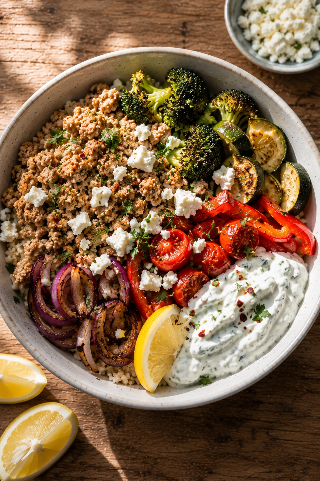 18-Minute Roasted Veggie Turkey Feta Protein Bowl