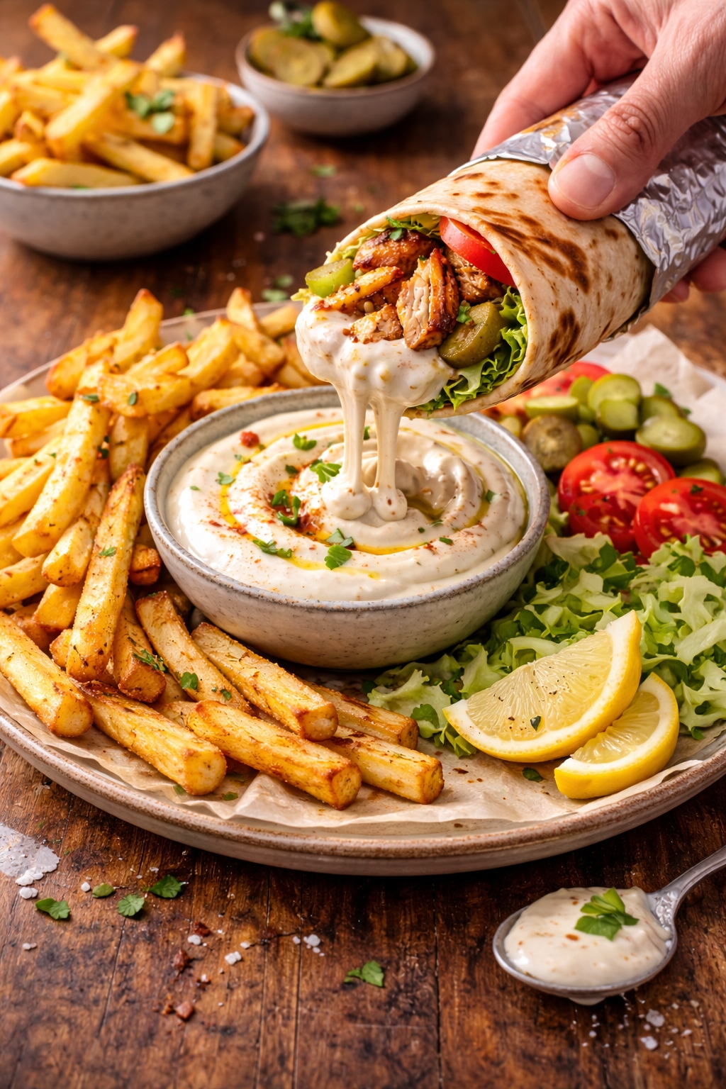 Chicken Shawarma Wraps with Creamy Garlic Sauce and Crispy Fries (Street Food Style Dinner)