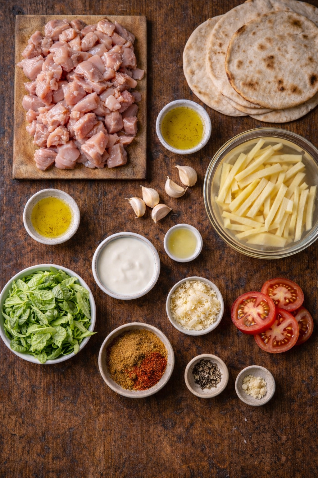 Chicken Shawarma Wraps with Creamy Garlic Sauce and Crispy Fries (Street Food Style Dinner)