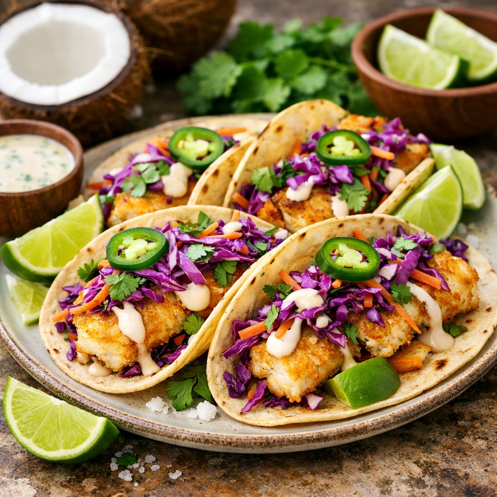 Coconut Lime Fish Tacos with Red Cabbage Slaw