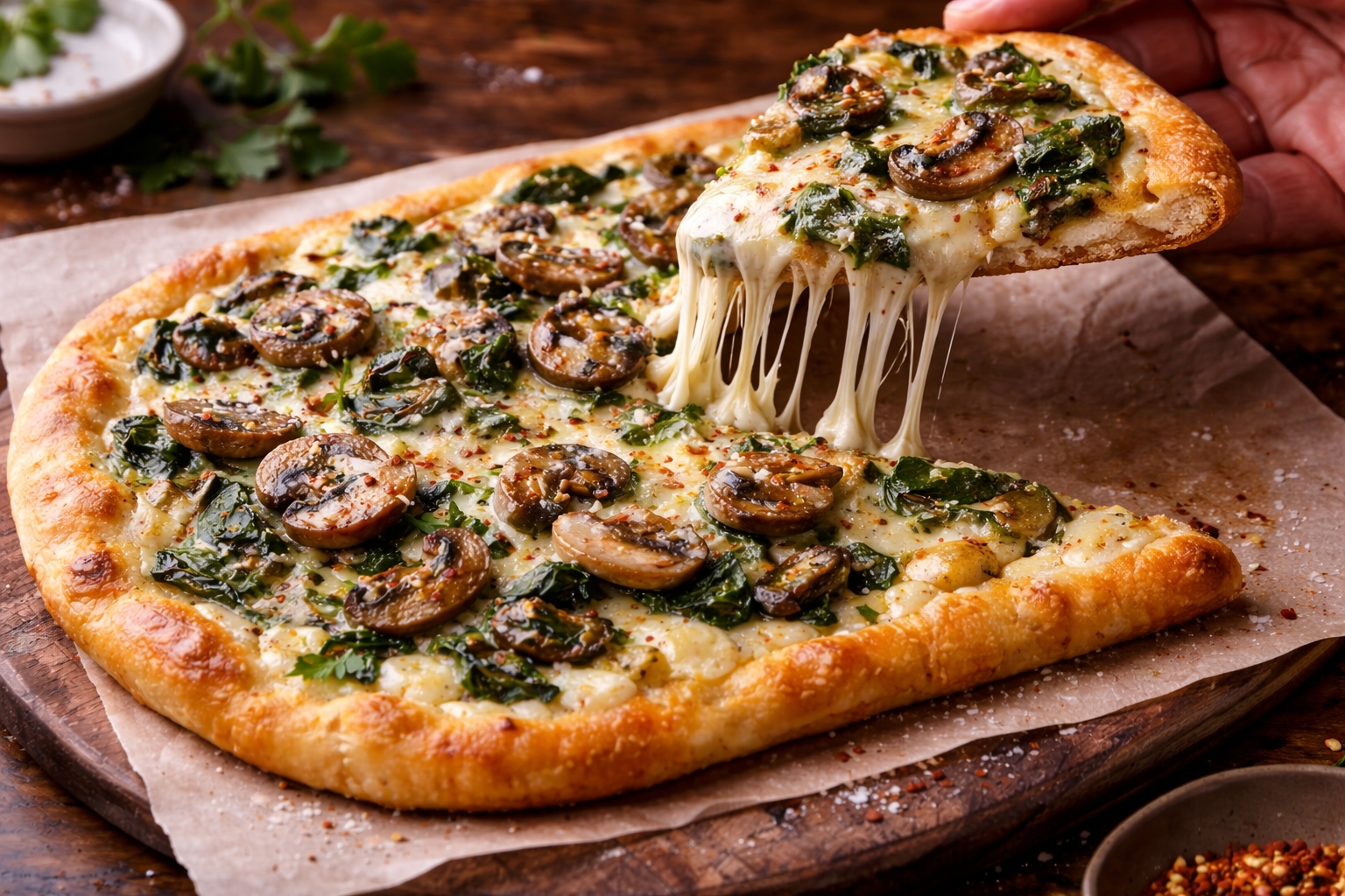 Creamy Mushroom Spinach Flatbread