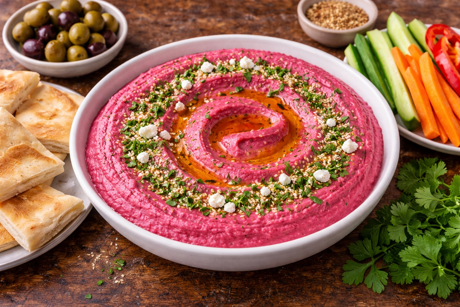 Creamy Pink Beet Hummus with Warm Pita