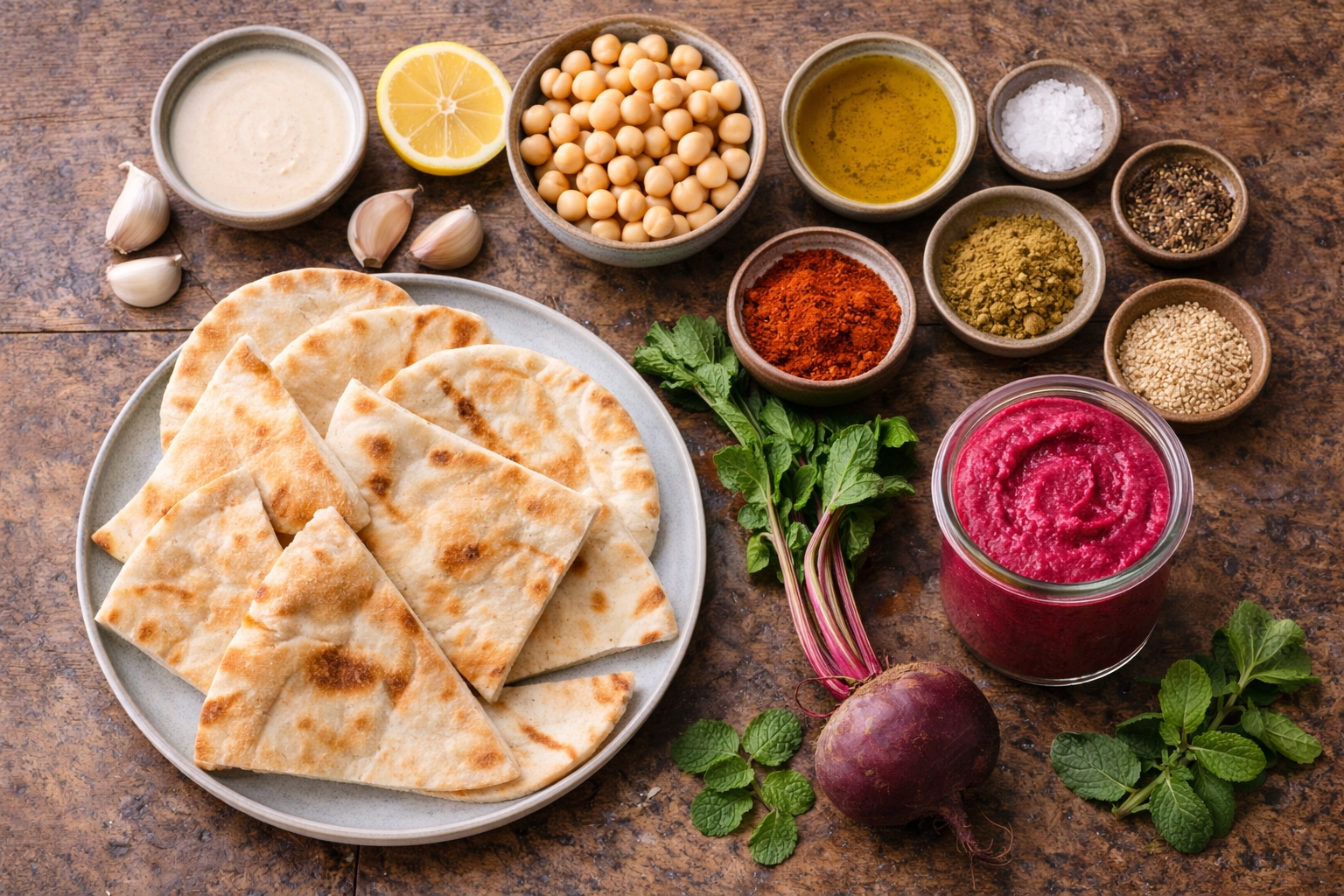 Creamy Pink Beet Hummus with Warm Pita
