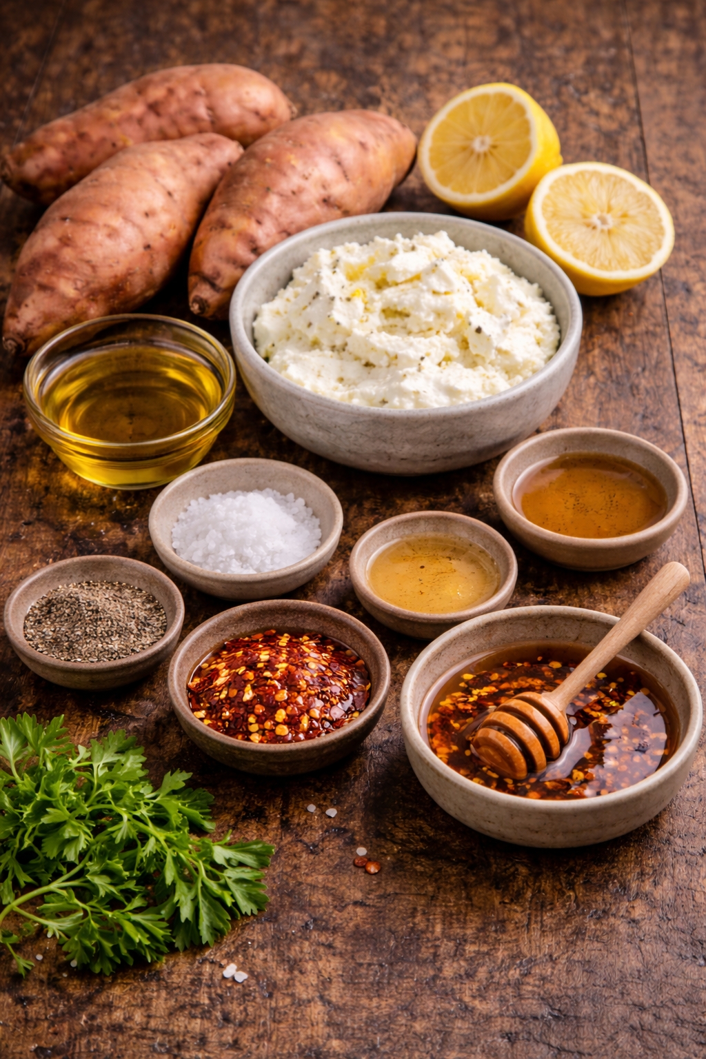 Crispy Smashed Sweet Potatoes with Whipped Feta & Hot Honey