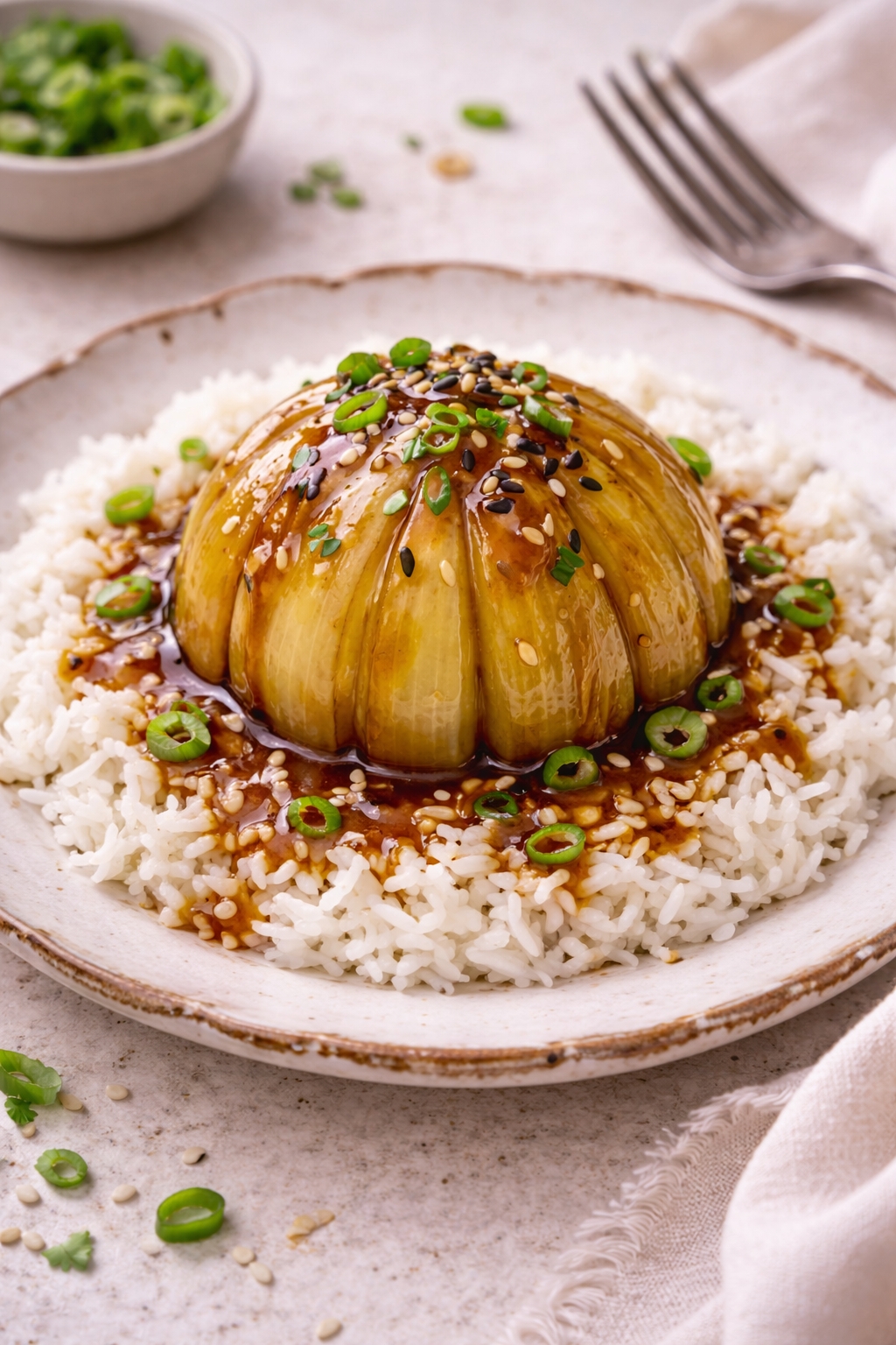 Foil-Roasted Soy Ginger Onions Over Basmati Rice