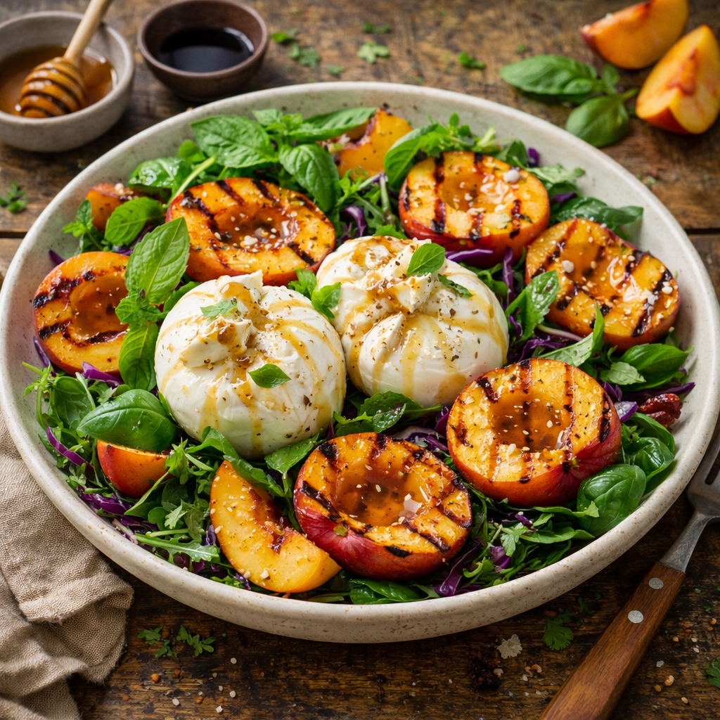 Grilled Peach Burrata Salad with Honey