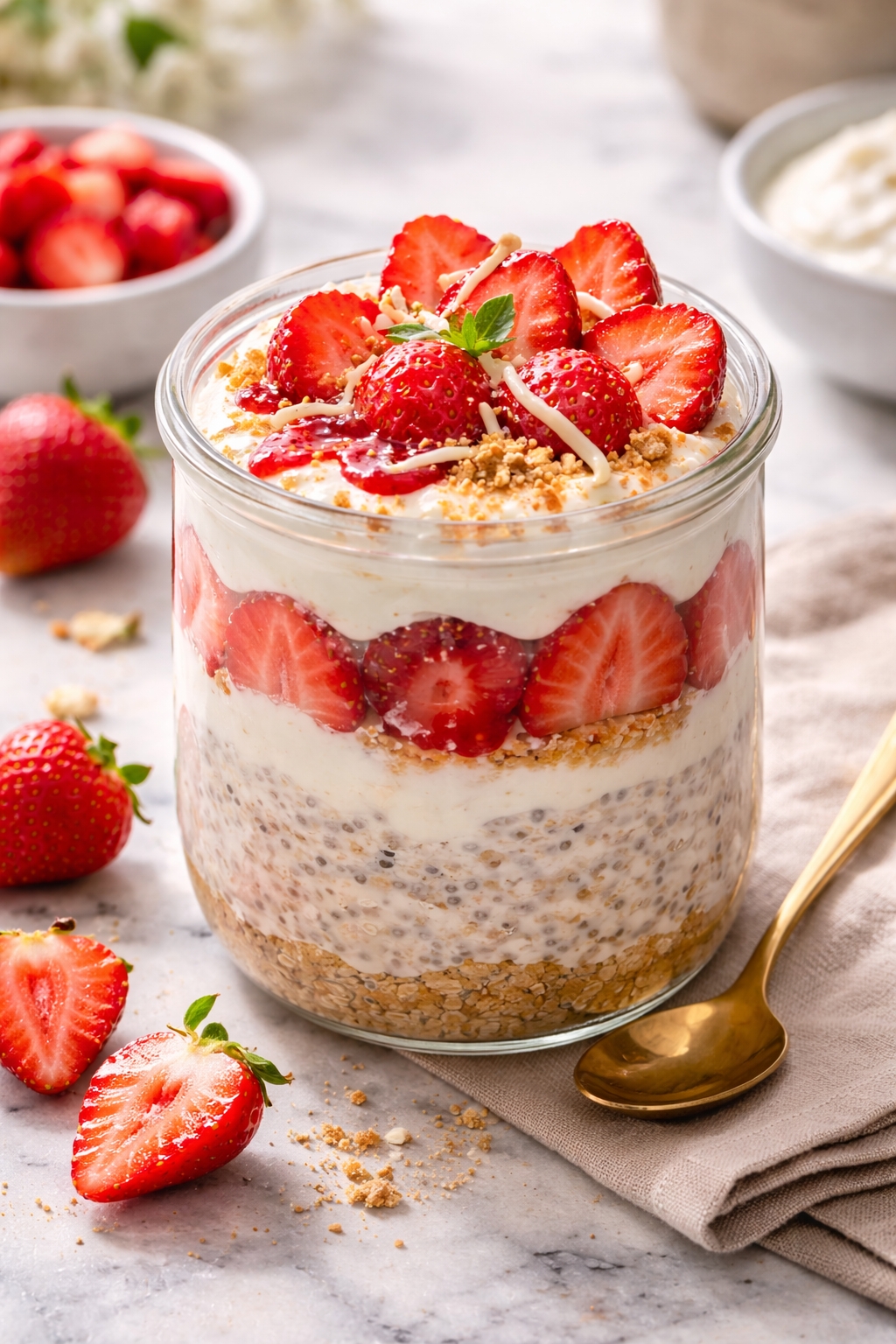 High-Protein Strawberry Cheesecake Overnight Oats