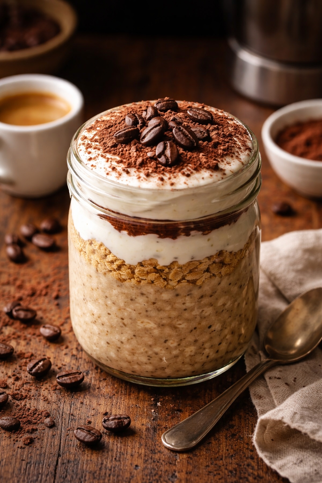 High-Protein Tiramisu Overnight Oats Coffee Breakfast Jar