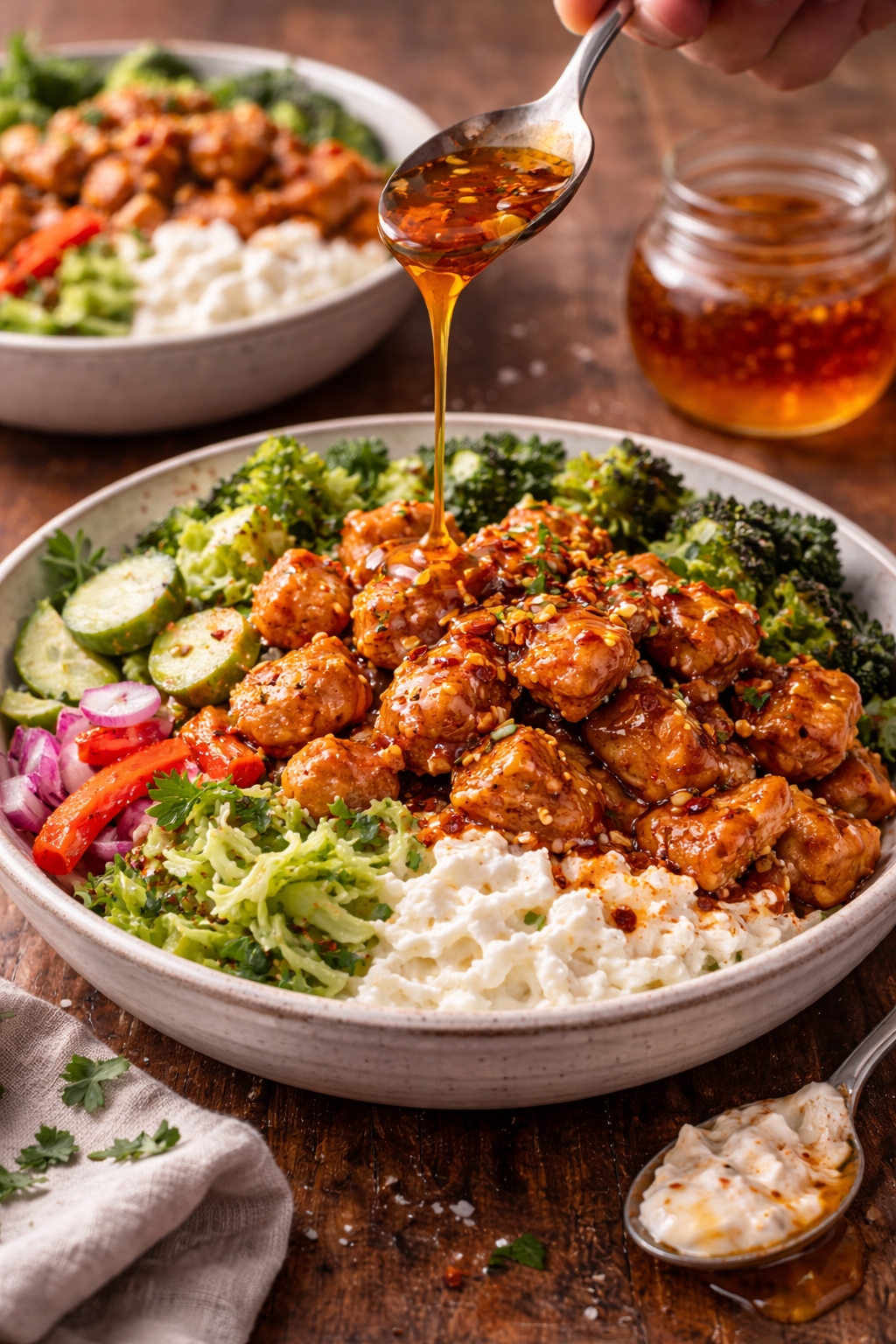 Hot Honey Cottage Cheese Chicken Bowls (High-Protein Meal Prep Dinner)