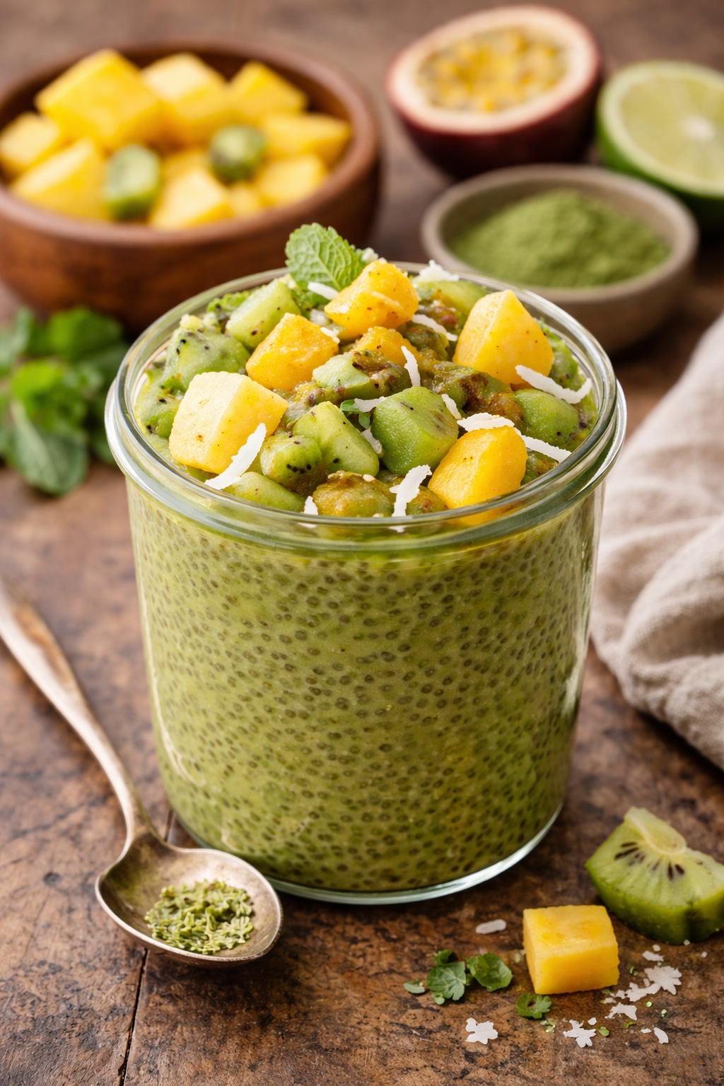 Matcha Chia Pudding with Tropical Fruit