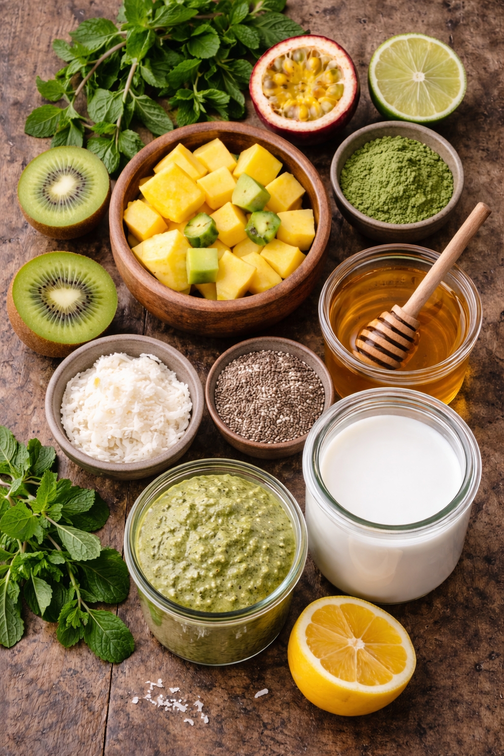 Matcha Chia Pudding with Tropical Fruit