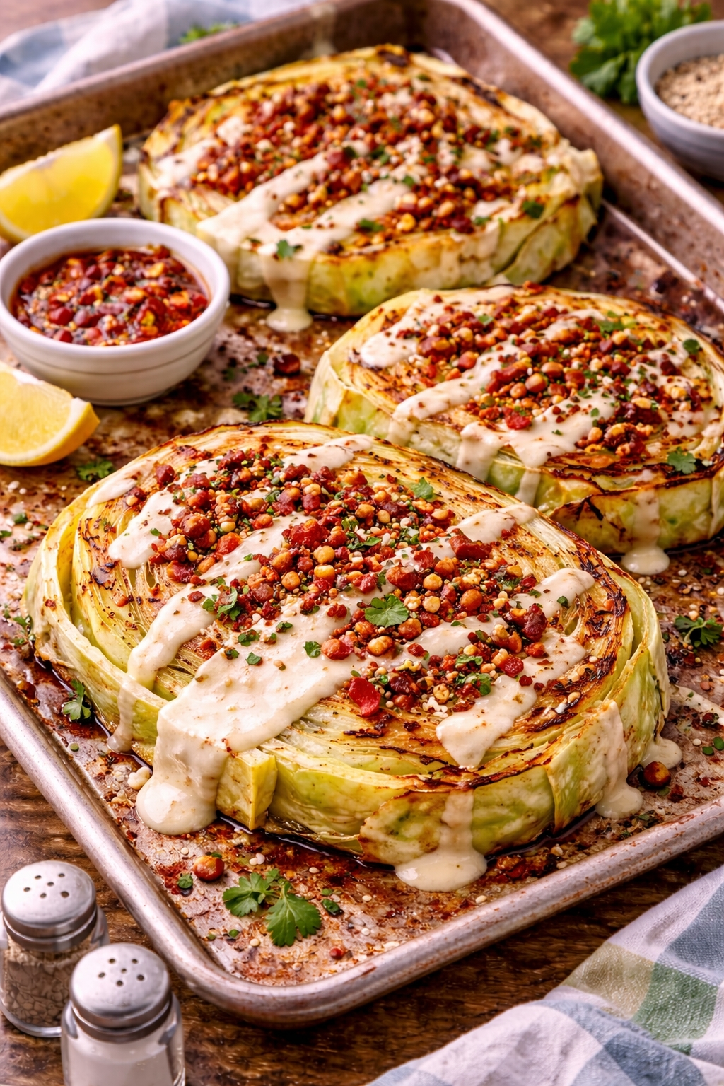 Roasted Cabbage Steak with Tahini Chili Crunch