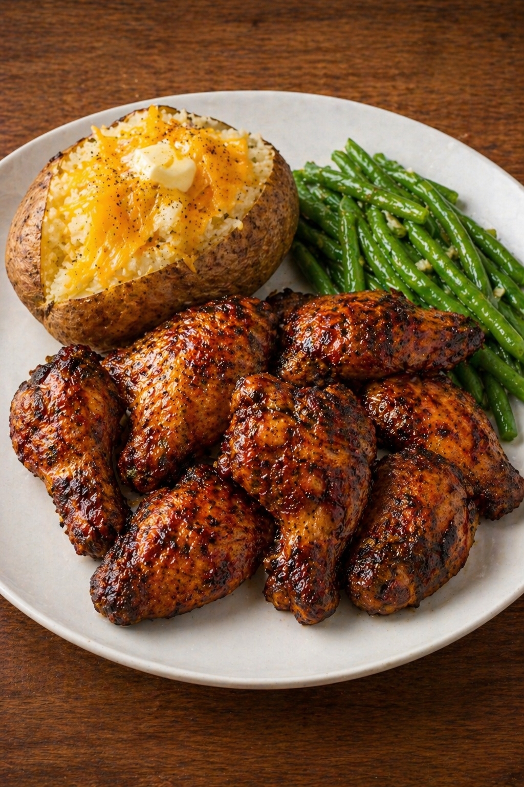 Southern Grilled Chicken Wings Plate with Loaded Baked Potato & Garlic Green Beans