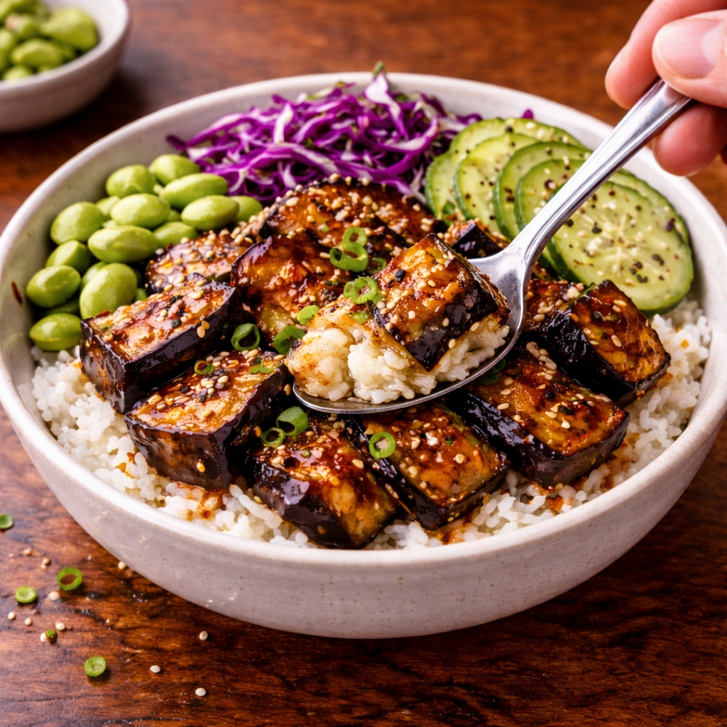 Spicy Miso Glazed Eggplant Bowls