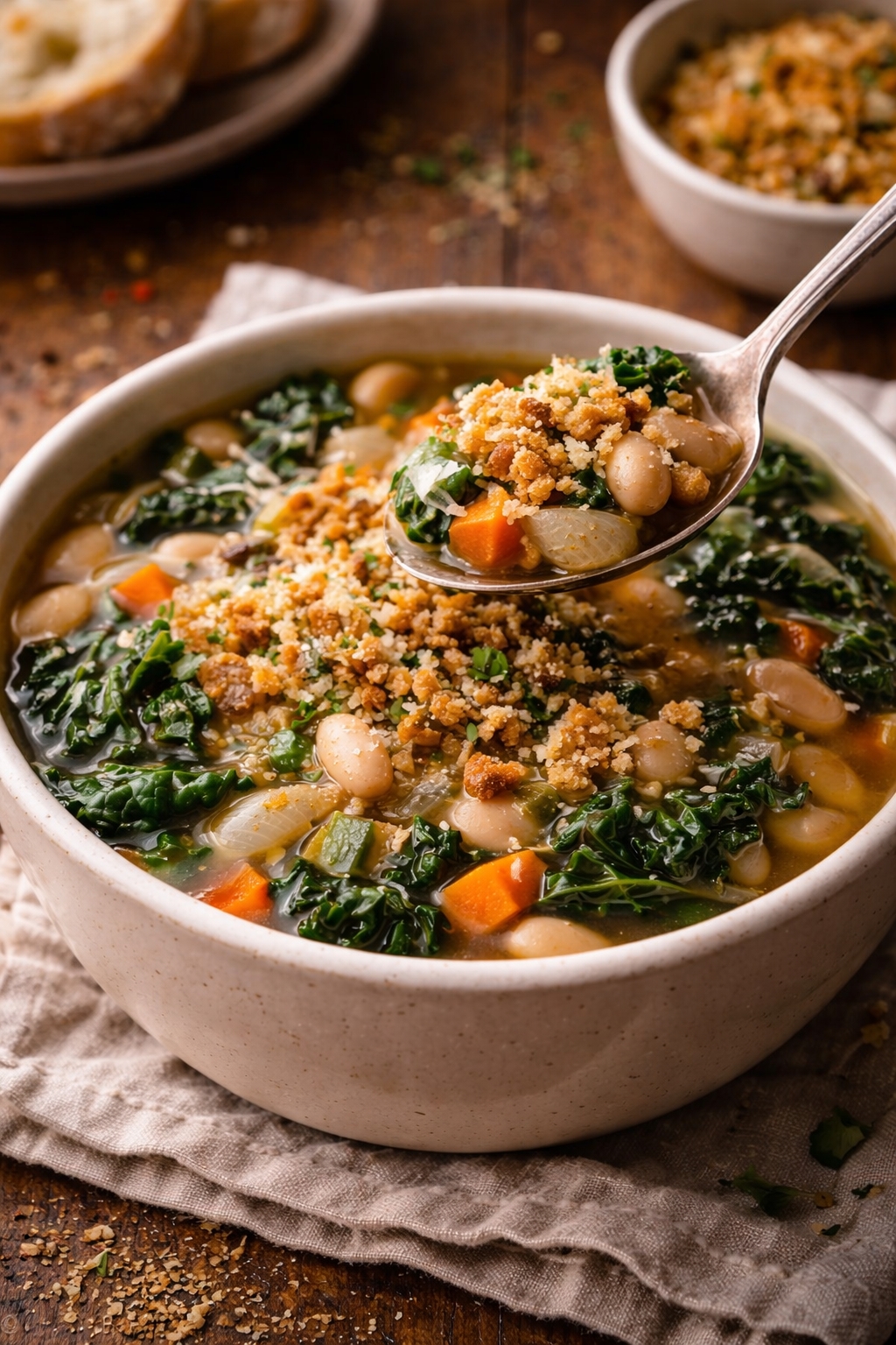 Tuscan White Bean and Kale Soup with Crispy Breadcrumbs